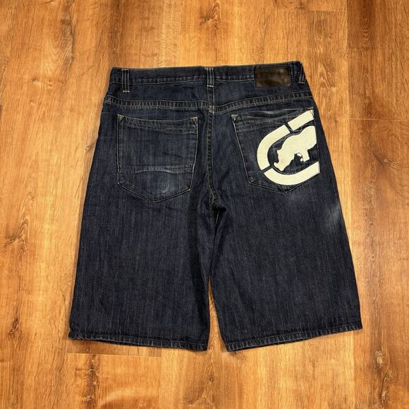 Vintage Ecko Unltd Jean Shorts Embroidered Jorts Baggy Mens 38 Dark Blue Denim - Picture 1 of 7